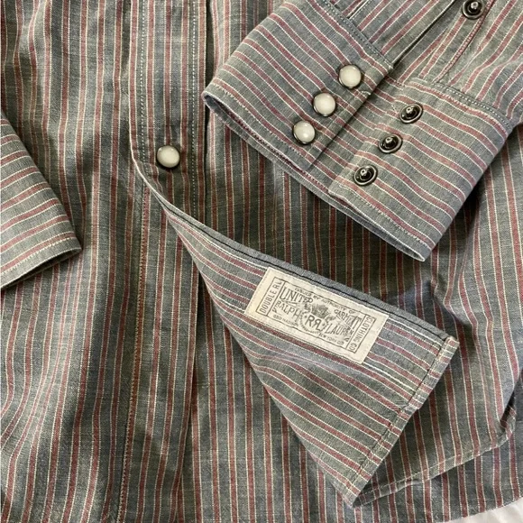 RRL Ralph Lauren Pearl Snap Striped Denim Oxford Western Cut Workshirt Size L - Picture 2 of 8